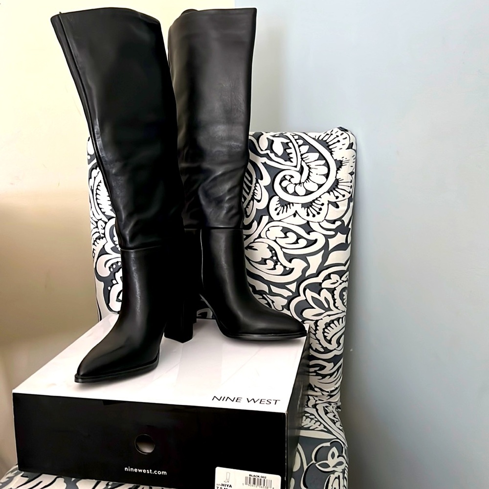NIB Nine West Hiya Tall Leather Boots 7.5 Black